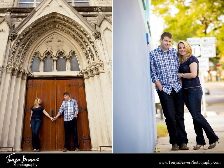 FIRST PRESBYTERIAN CHURCH ENGAGEMENT PHOTOS; DOWNTOWN JACKSONVILLE ENGAGEMENT PHOTOS; TONYA BEAVER PHOTOGRAPHY; 